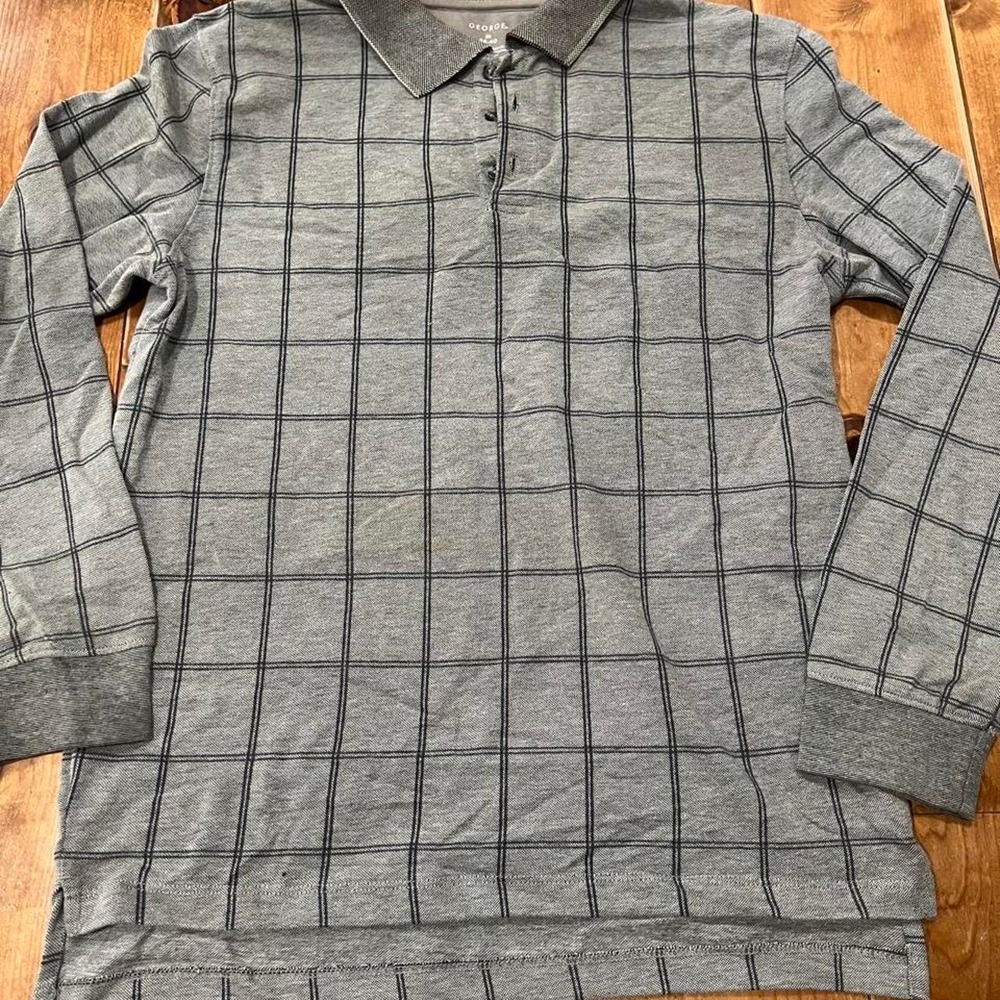 George Mens Gray Black Checkered Long Sleeve Polo Shirt Size M Grid Preppy Top